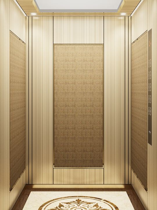 Champagne Loom cabin: light jute panels framed in champagne hairline steel with a champagne mirror trim, crema medallion floor