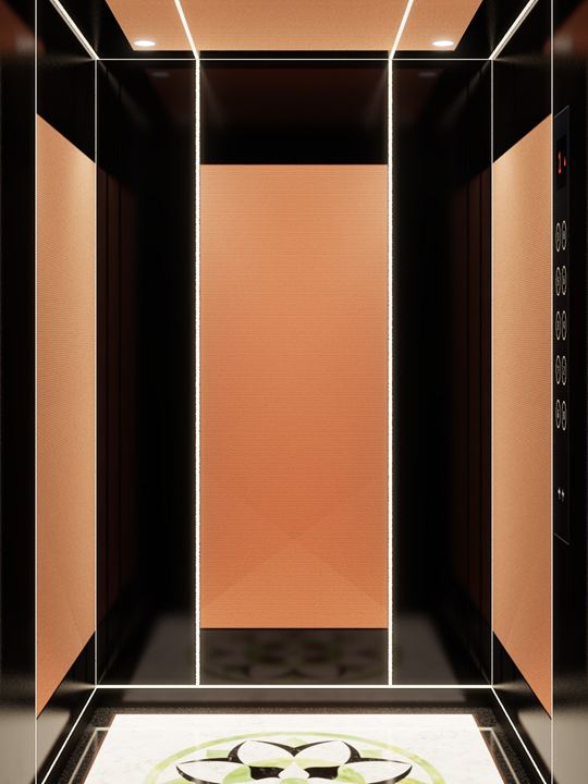 Noir Lumière cabin: rose gold linen panels framed in black mirror and edged with LED profile lights