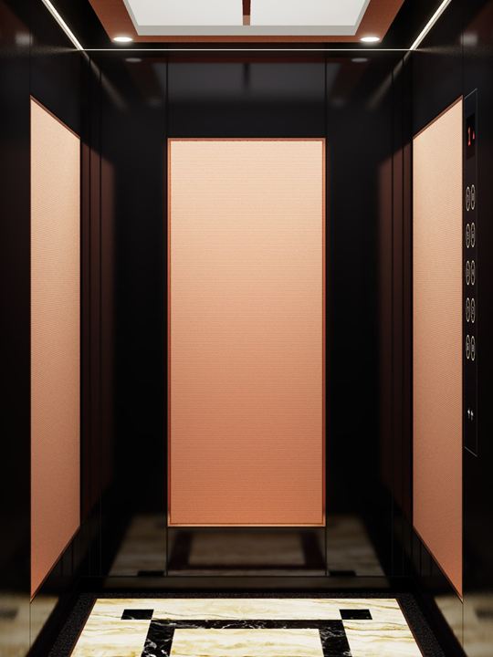 Noir Rosé cabin: rose gold linen panels framed in black mirror with a rose gold mirror trim