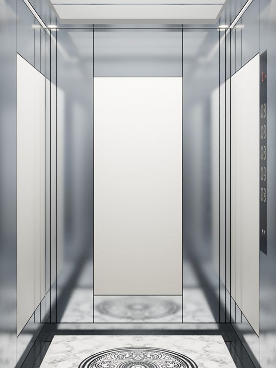 Pearl Linen cabin: white linen panels framed in mirror stainless steel, filigree medallion floor