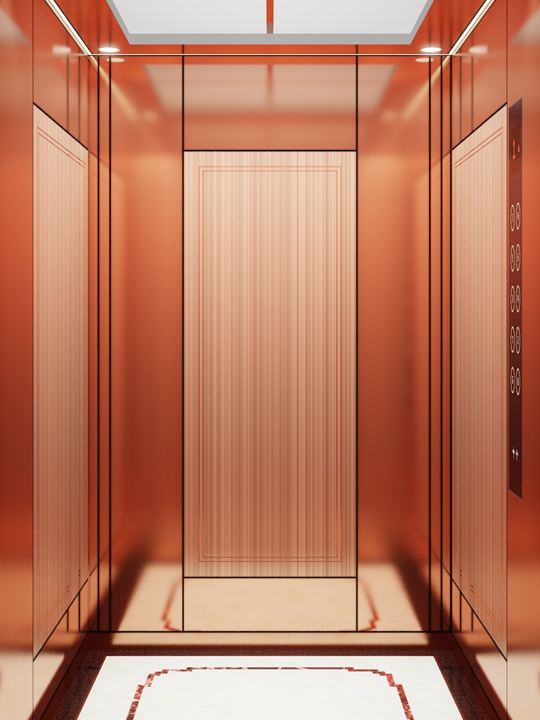 Rose Lustre cabin: rose gold hairline panels with an etched border, framed in rose gold mirror
