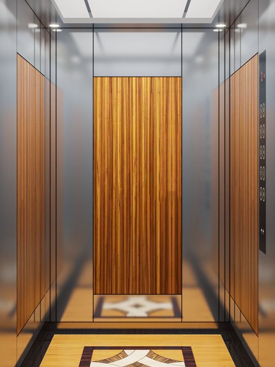 Teak Atelier cabin: a teak wood panel on each wall framed in mirror stainless steel, lightbox ceiling, timber and marble inlay floor