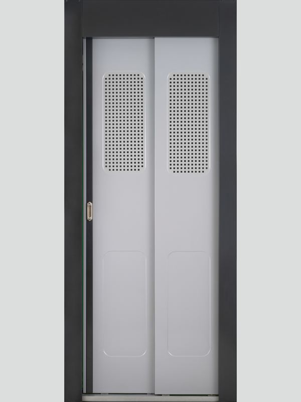 Manual telescopic landing door with perforated vision panels