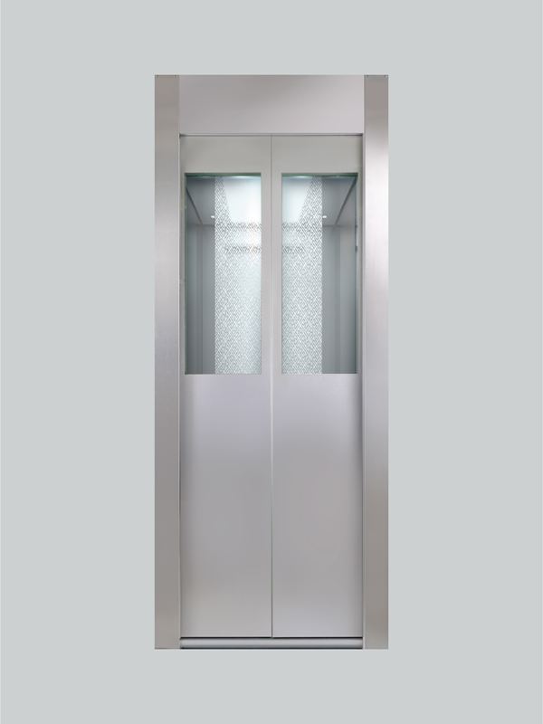 Automatic landing door with half-height glass vision panels