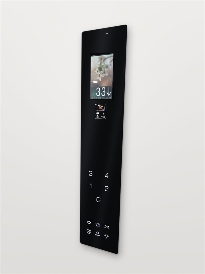 Tall black-glass car operating panel with a colour LCD screen and touch floor buttons