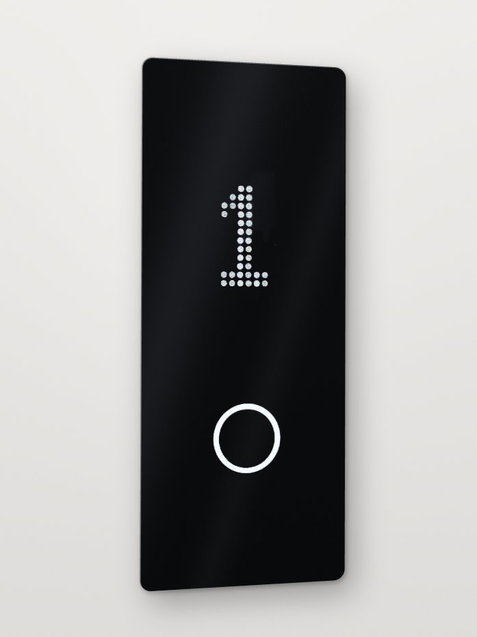 Black-glass landing operating panel with dot-matrix floor indicator and a round call button