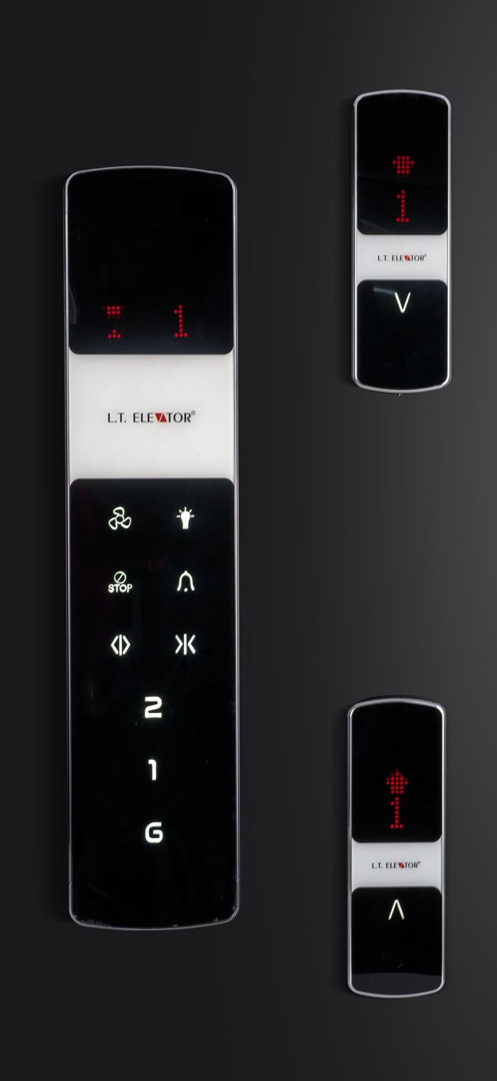 Black-glass car operating panel with touch floor buttons, and two matching landing panels