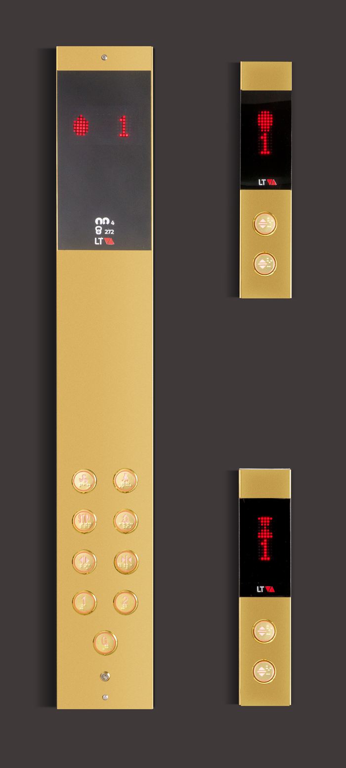 Hairline-gold car operating panel with round push buttons, and two matching landing panels with red dot-matrix indicators