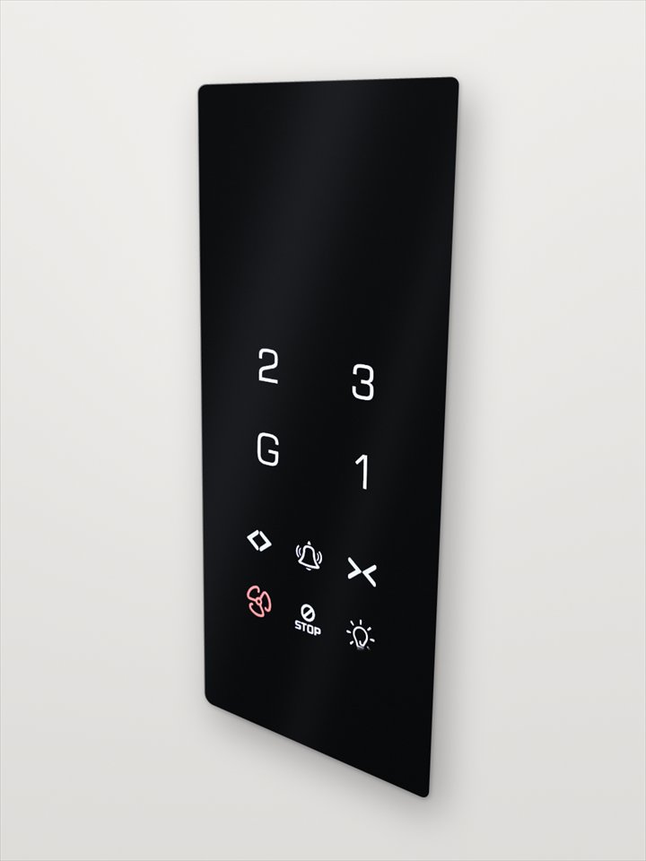 Black-glass touch car operating panel with illuminated floor numbers and function icons
