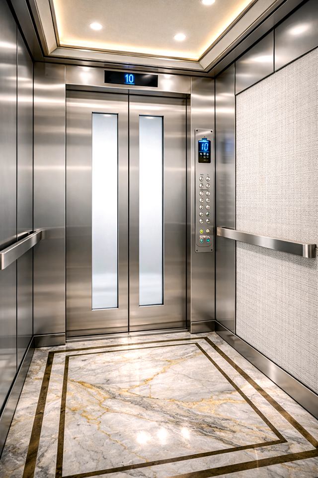 Mirror steel elevator cabin interior