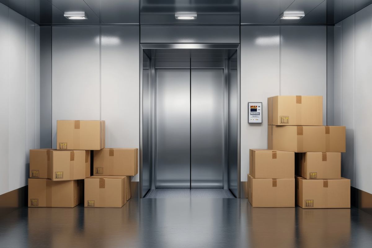 Goods lift with stacked cartons on the landing